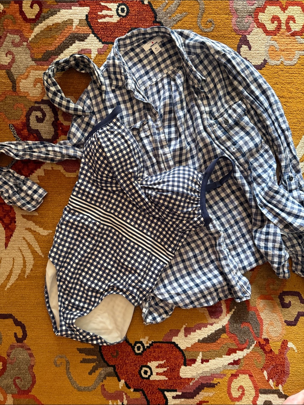 Lands' End Draper James blue/white check swimsuit size 8, M shirt & headband!!
